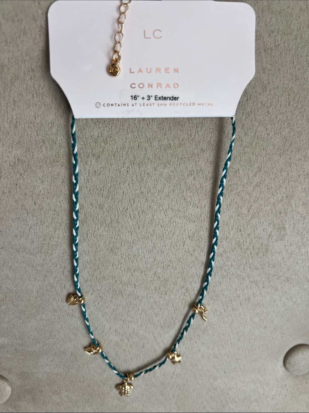 LC Lauren Conrad Teal and White Braided Necklace with Gold Beach-Themed Charms
